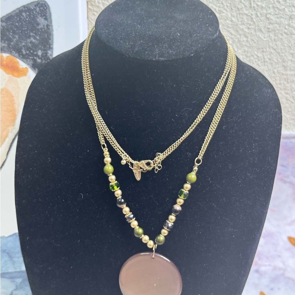 Avenue Long Gold Tone Green  and Brown Beaded Necklace